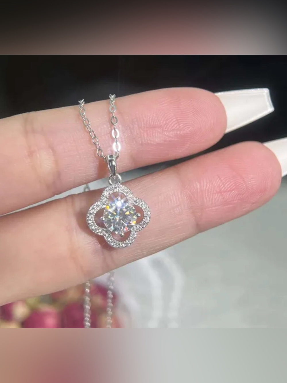 1 CTW VVS Moissanite Silver Toned Clover Halo Necklace